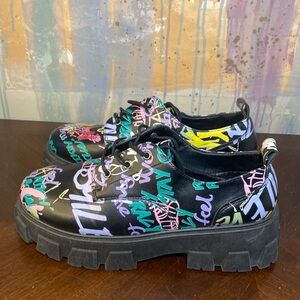YOKI  WINONAH- 07 Graffiti Print  Rave Platform Chunky Loafers women’s size 11